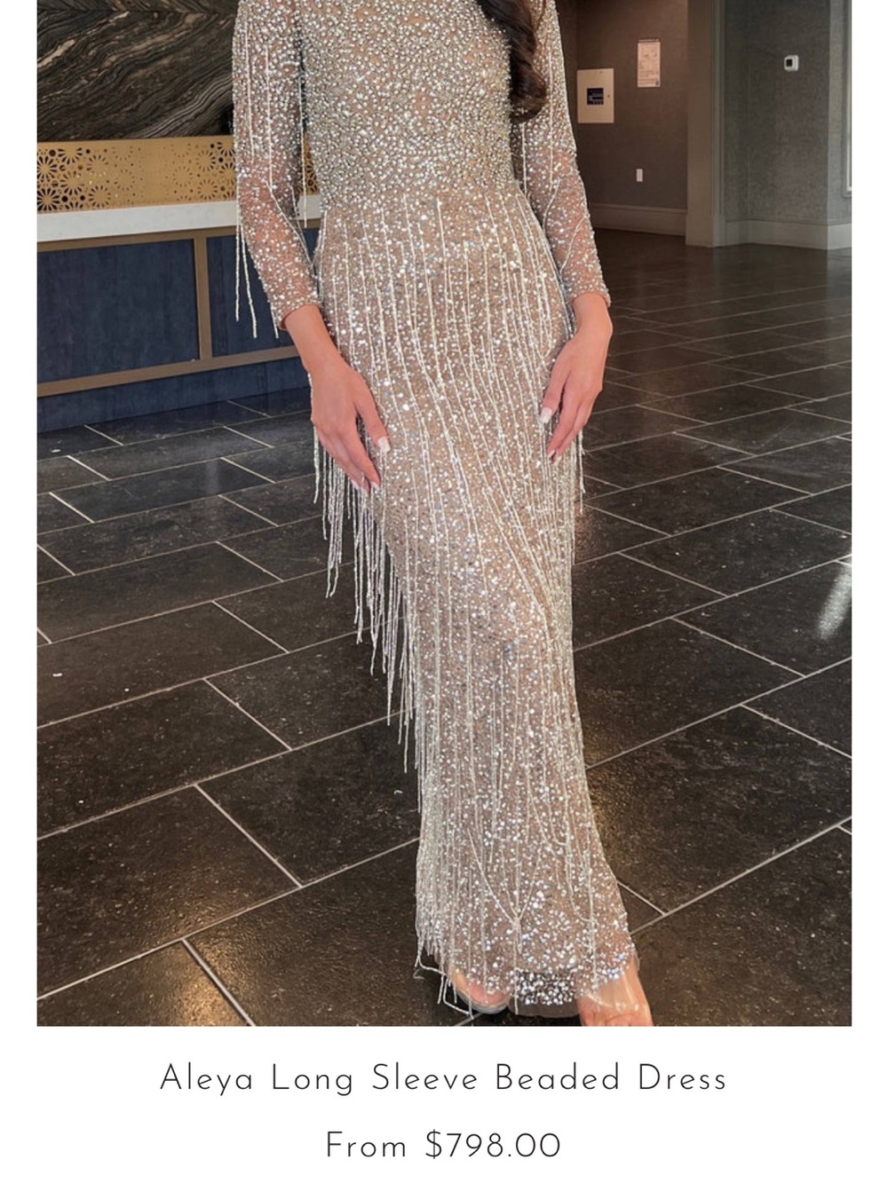 Long Sleeve Beaded Dress in Champagne